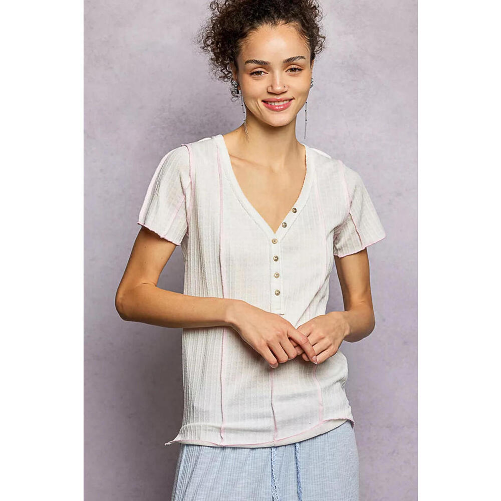 POL V-Neck Short Sleeve Top with Stitch Seam Detail